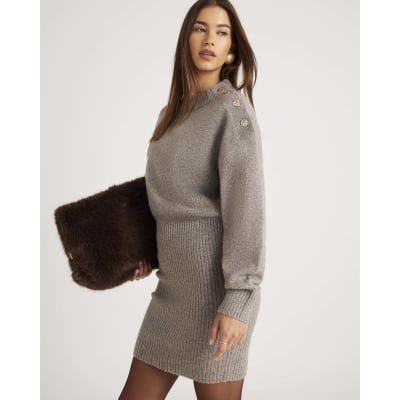 Brown Knitted Button Detail Mini Jumper Dress