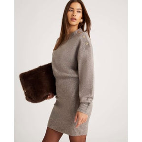 Brown Knitted Button Detail Mini Jumper Dress