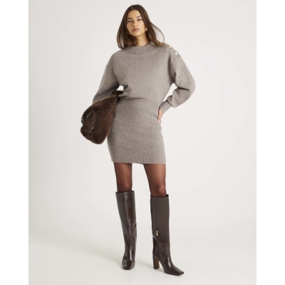 Brown Knitted Button Detail Mini Jumper Dress