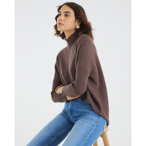 Brown Knitted High Neck Ribbed Jumper