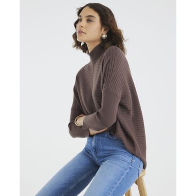 Brown Knitted High Neck Ribbed Jumper