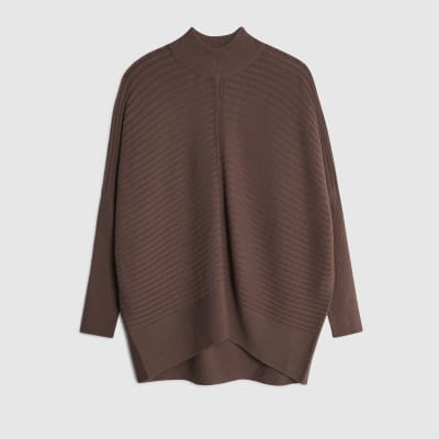 Brown Knitted High Neck Ribbed Jumper
