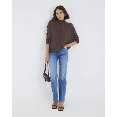 Brown Knitted High Neck Ribbed Jumper