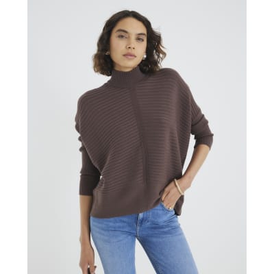 Brown Knitted High Neck Ribbed Jumper