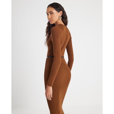 Brown Knitted Long Sleeve Midi Dress