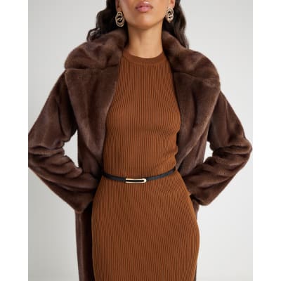 Brown Knitted Long Sleeve Midi Dress