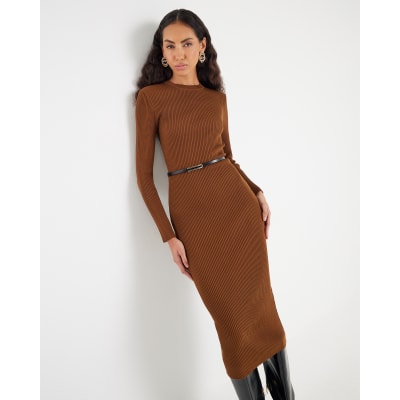 Brown Knitted Long Sleeve Midi Dress