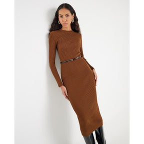Brown Knitted Long Sleeve Midi Dress