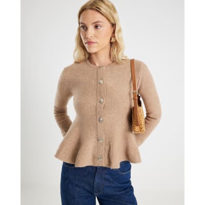 Brown Knitted Peplum Cardigan