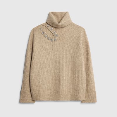 Brown Knitted Roll Neck Cut Out Jumper