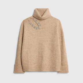 Brown Knitted Roll Neck Cut Out Jumper