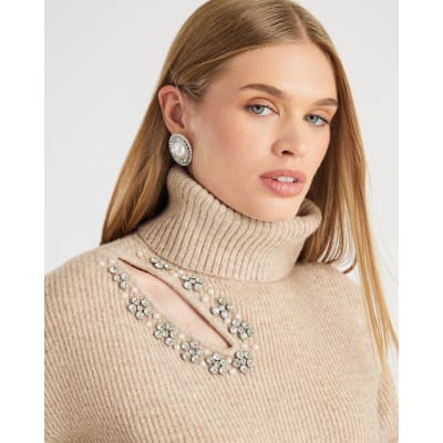 Brown Knitted Roll Neck Cut Out Jumper