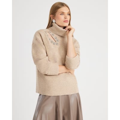 Brown Knitted Roll Neck Cut Out Jumper