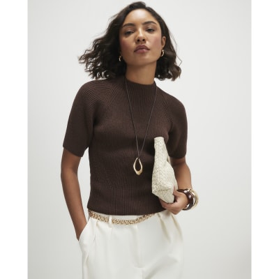 Brown Knitted Short Sleeve Top