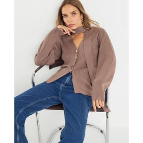 Brown Knitted Tie Neck Cardigan
