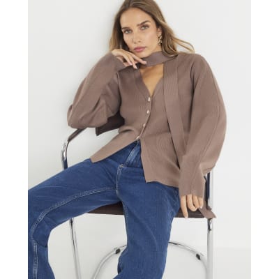 Brown Knitted Tie Neck Cardigan