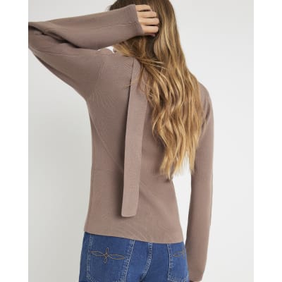 Brown Knitted Tie Neck Cardigan