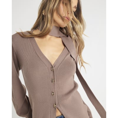 Brown Knitted Tie Neck Cardigan