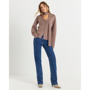 Brown Knitted Tie Neck Cardigan