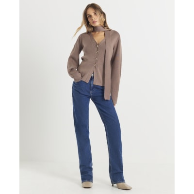 Brown Knitted Tie Neck Cardigan