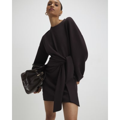 Brown Knot Side Mini Dress