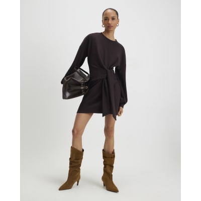 Brown Knot Side Mini Dress