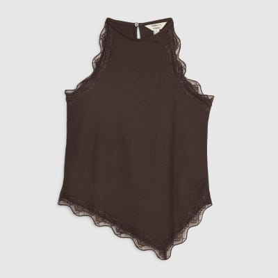 Brown Lace Trim Textured Halter Neck Top