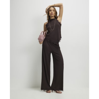 Brown Lace Trim Textured Halter Neck Top