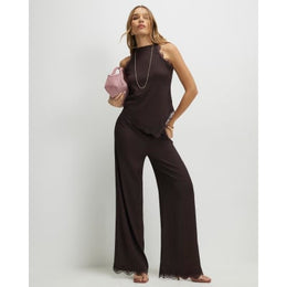 Brown Lace Trim Textured Wide Leg Trousers