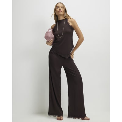 Brown Lace Trim Textured Wide Leg Trousers