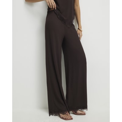 Brown Lace Trim Textured Wide Leg Trousers