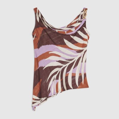 Brown Leaf Print Chain Strap Top