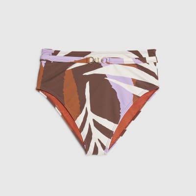 Brown Leaf Print High Waisted Bikini Bottoms