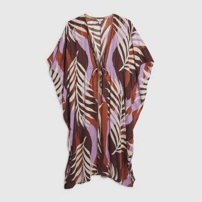 Brown Leaf Print Maxi Kaftan