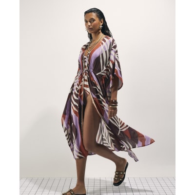 Brown Leaf Print Maxi Kaftan
