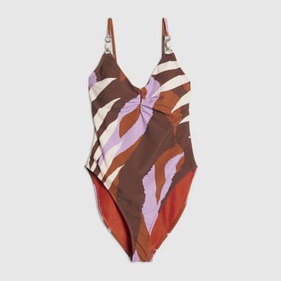 Brown Leaf Print Shaping Swimsuit