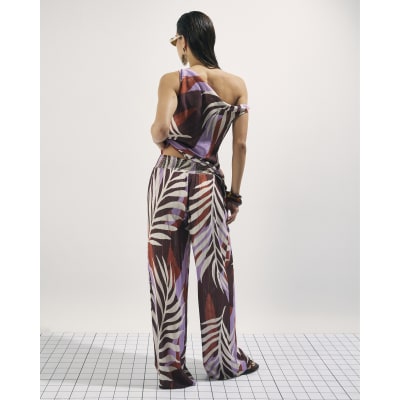 Brown Leaf Print Wide Leg Trousers
