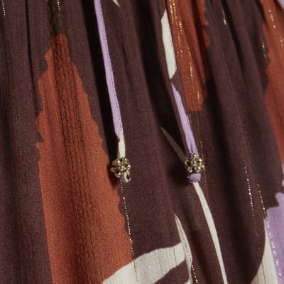 Brown Leaf Print Wide Leg Trousers