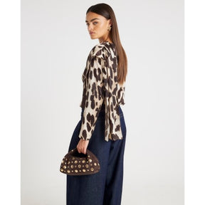 Brown Leopard Print Cowl Neck Drape Blouse