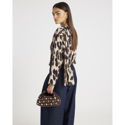 Brown Leopard Print Cowl Neck Drape Blouse