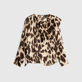 Brown Leopard Print Cowl Neck Drape Blouse