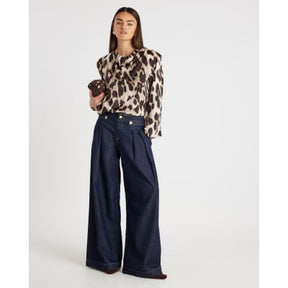 Brown Leopard Print Cowl Neck Drape Blouse