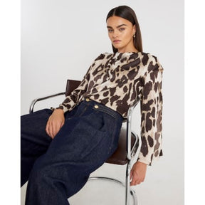 Brown Leopard Print Cowl Neck Drape Blouse