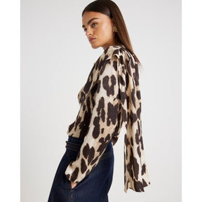 Brown Leopard Print Cowl Neck Drape Blouse