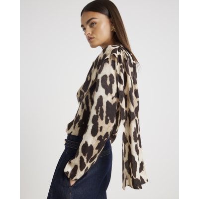 Brown Leopard Print Cowl Neck Drape Blouse