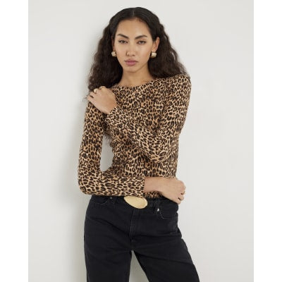 Brown Leopard Print Long Sleeve Fitted Top