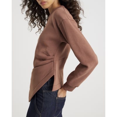 Brown Long Sleeve Draped Sweatshirt