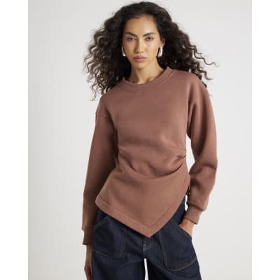 Brown Long Sleeve Draped Sweatshirt