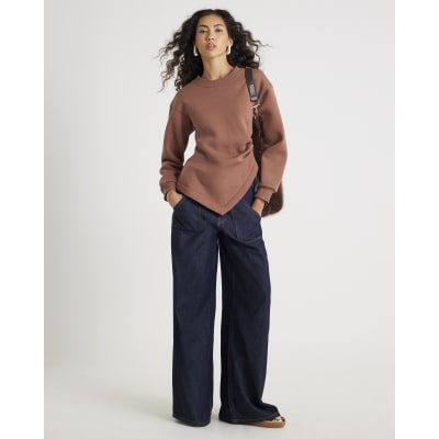 Brown Long Sleeve Draped Sweatshirt