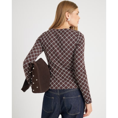Brown Long Sleeve Geometric Drape Front Top
